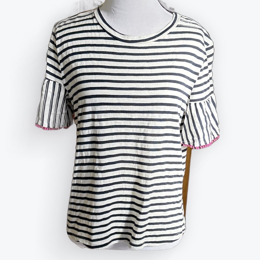 Boho Striped Top Flounced Short Sleeves w/ Hot Pink Mini Pom-Pom Trim Nautical~M